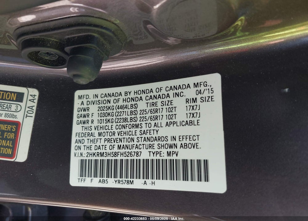 2015 HONDA CR-V VIN: 2HKRM3H58FH526787