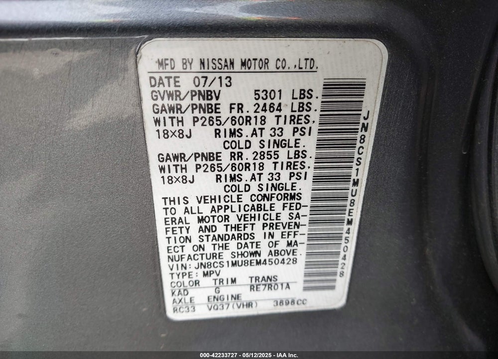 2014 INFINITI QX70 VIN: JN8CS1MU8EM450428