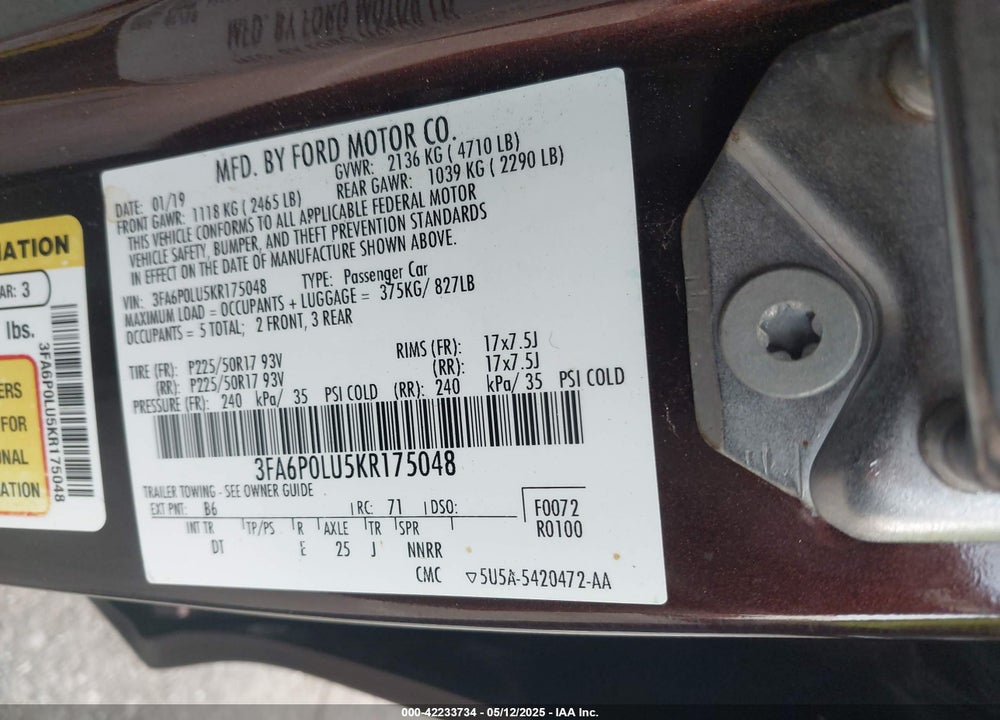 2019 FORD FUSION HYBRID VIN: 3FA6P0LU5KR175048