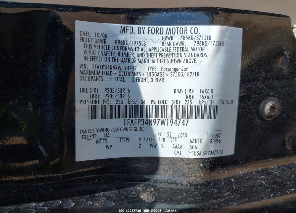 2007 FORD FOCUS S/SE/SES VIN: 1FAFP34N97W194747