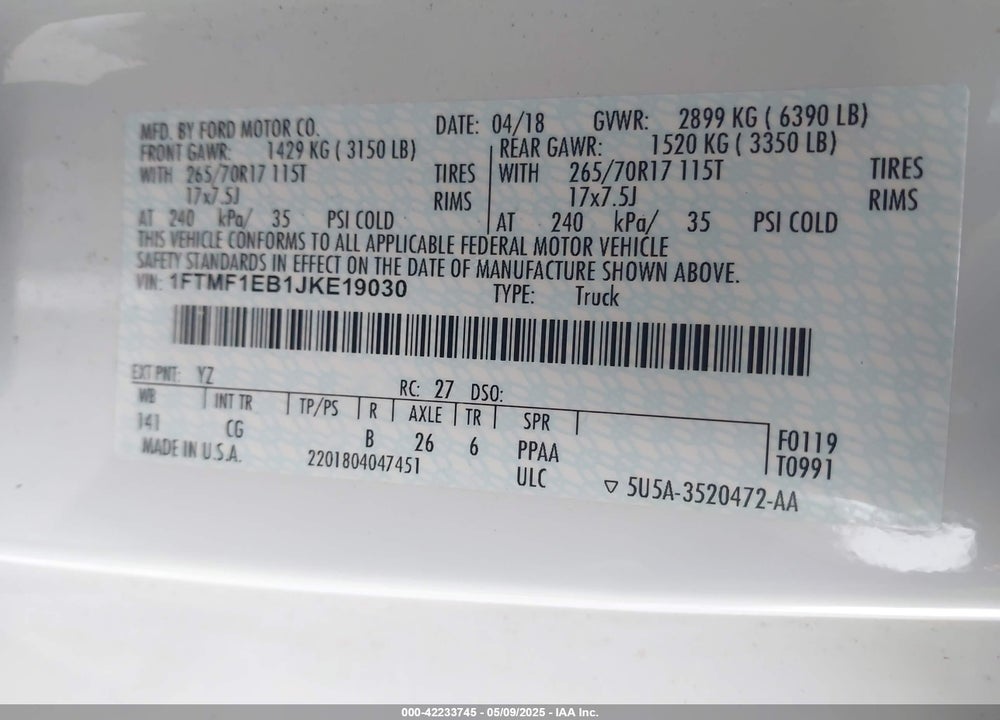 2018 FORD F-150 VIN: 1FTMF1EB1JKE19030