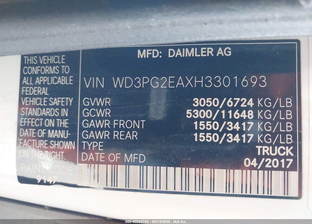 2017 MERCEDES-BENZ METRIS VIN: WD3PG2EAXH3301693