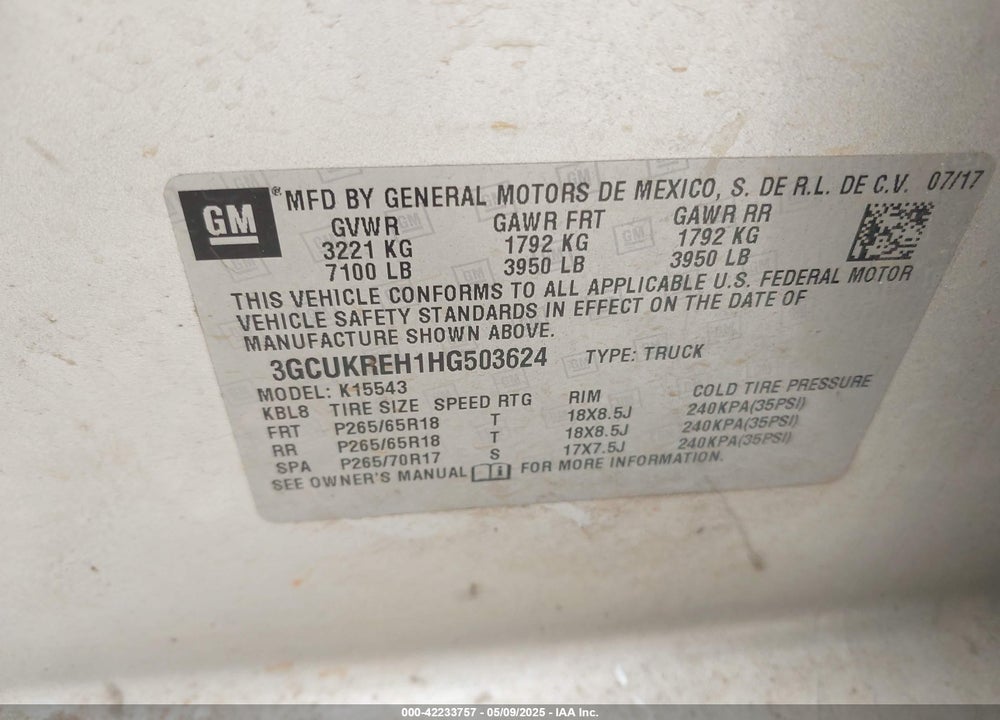 2017 CHEVROLET SILVERADO 1500 VIN: 3GCUKREH1HG503624