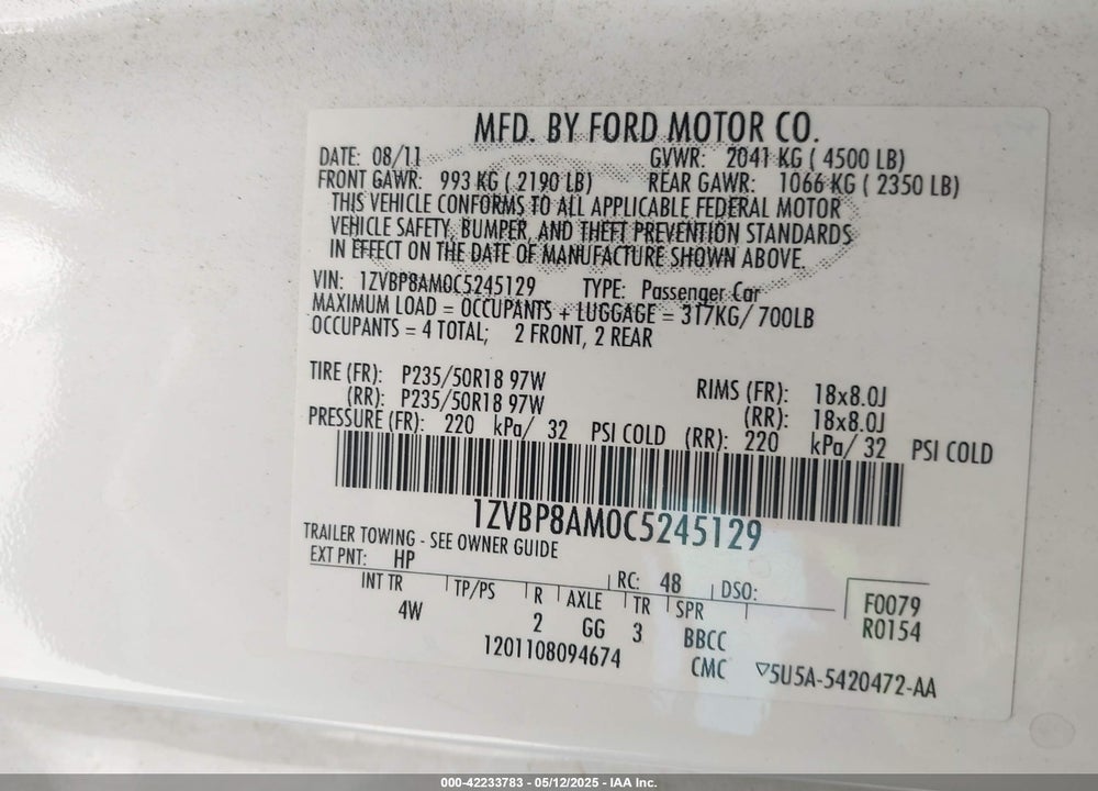 2012 FORD MUSTANG VIN: 1ZVBP8AM0C5245129