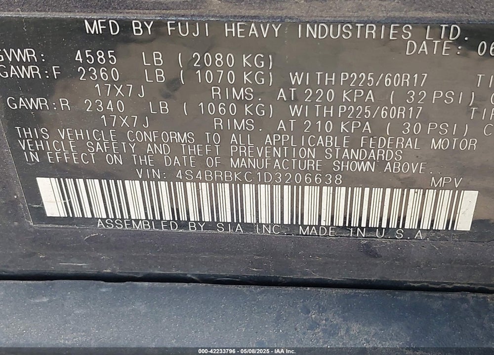 2013 SUBARU OUTBACK VIN: 4S4BRBKC1D3206638
