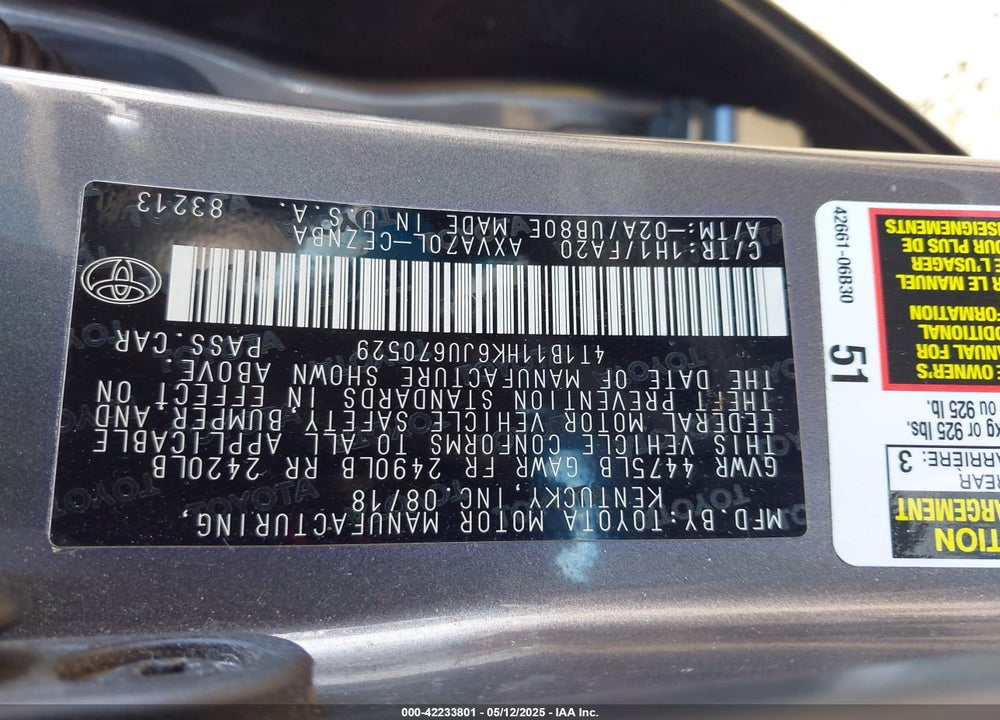 2018 TOYOTA CAMRY LE VIN: 4T1B11HK6JU670529