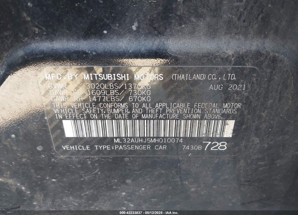 2021 MITSUBISHI MIRAGE VIN: ML32AUHJ5MH010074