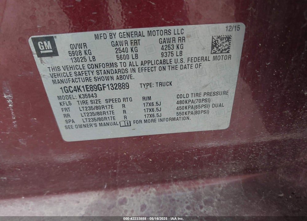 2016 CHEVROLET SILVERADO 3500HD HIGH COUNTRY VIN: 1GC4K1E89GF132889