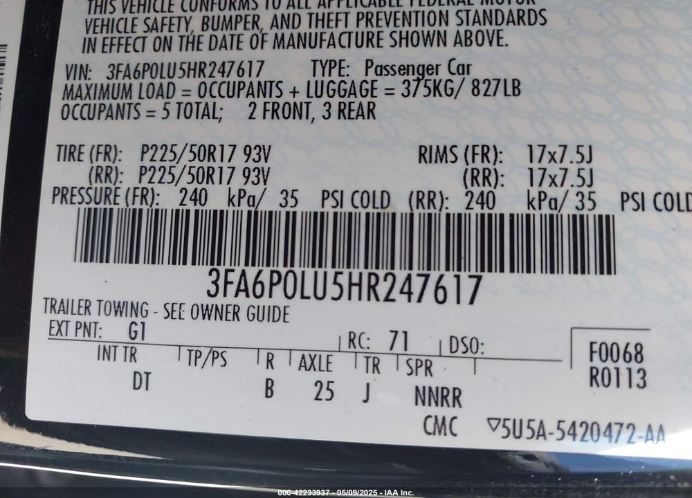 2017 FORD FUSION HYBRID SE VIN: 3FA6P0LU5HR247617