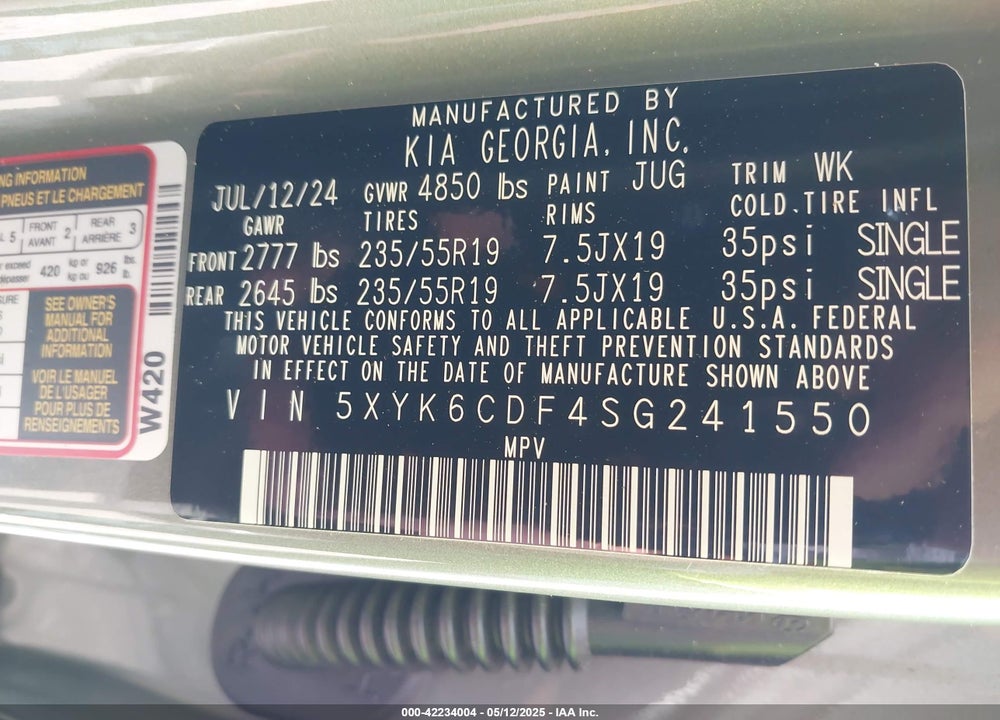 2025 KIA SPORTAGE VIN: 5XYK6CDF4SG241550