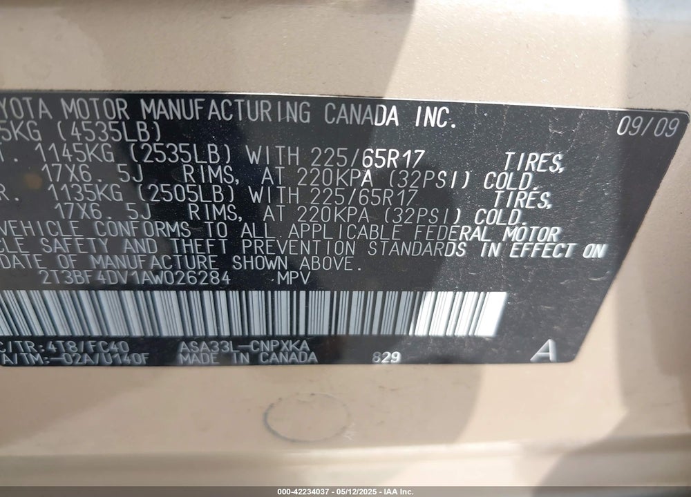 2010 TOYOTA RAV4 VIN: 2T3BF4DV1AW026284
