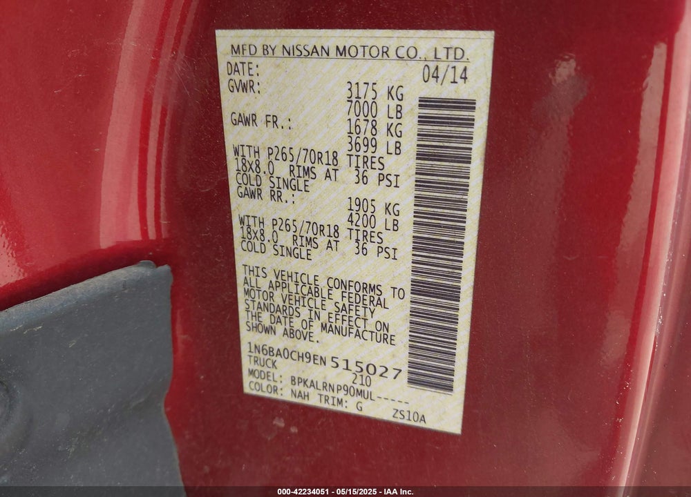 2014 NISSAN TITAN S/SV VIN: 1N6BA0CH9EN515027