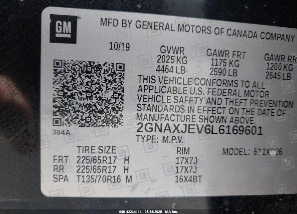 2020 CHEVROLET EQUINOX VIN: 2GNAXJEV6L6169601