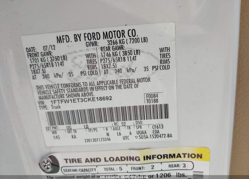 2012 FORD F150 VIN: 1FTFW1ET3CKE18692
