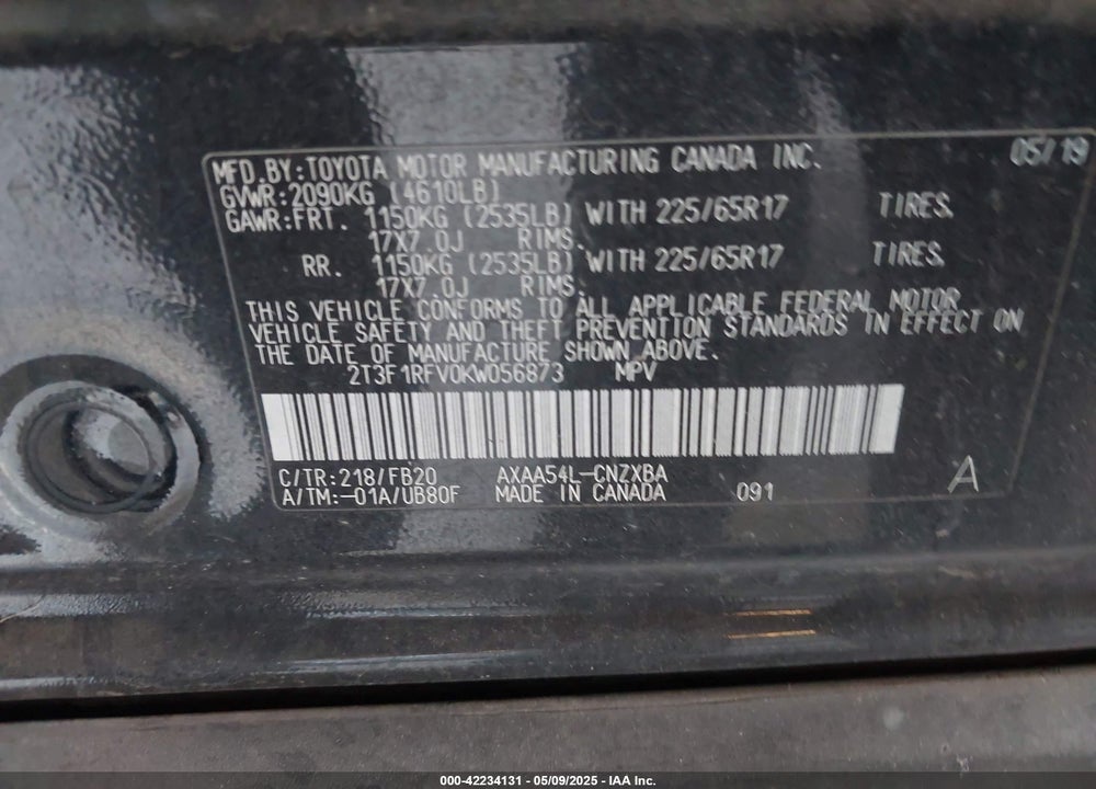 2019 TOYOTA RAV4 LE VIN: 2T3F1RFV0KW056873