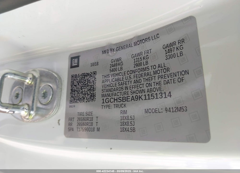 2019 CHEVROLET COLORADO VIN: 1GCHSBEA9K1151314