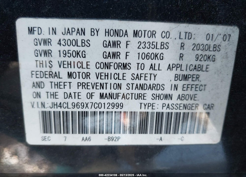 2007 ACURA TSX VIN: JH4CL969X7C012999