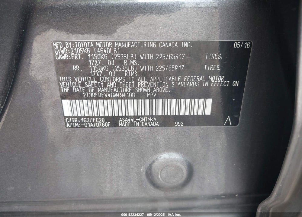 2016 TOYOTA RAV4 VIN: 2T3RFREV4GW494108