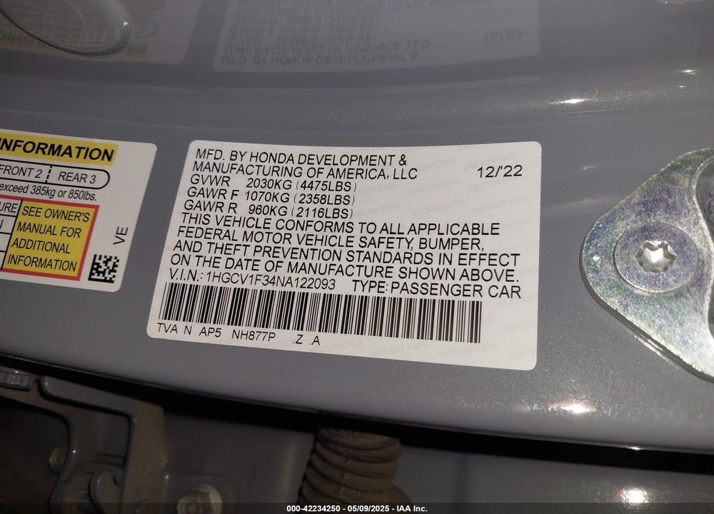2022 HONDA ACCORD VIN: 1HGCV1F34NA122093