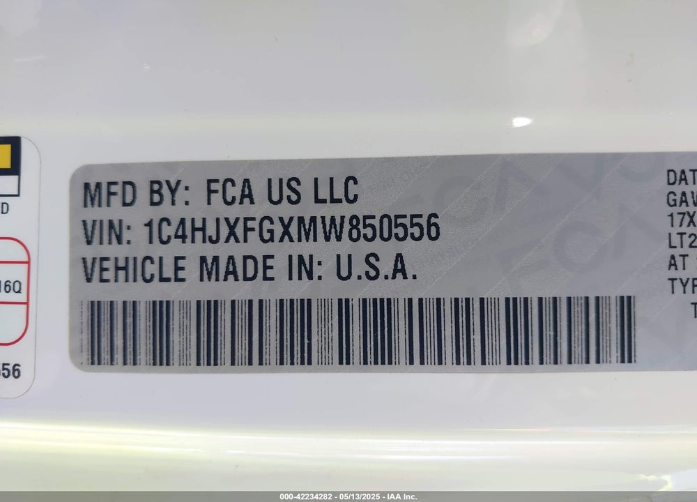 2021 JEEP WRANGLER UNLIMITED VIN: 1C4HJXFGXMW850556