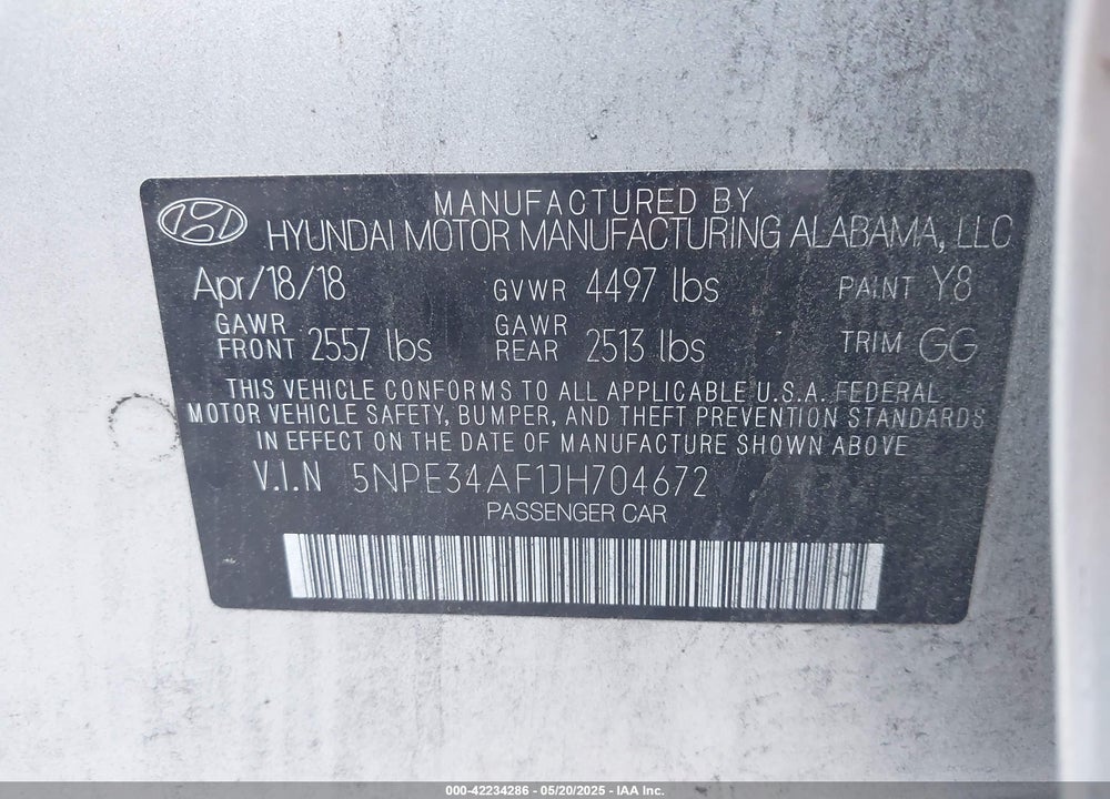 2018 HYUNDAI SONATA LIMITED VIN: 5NPE34AF1JH704672