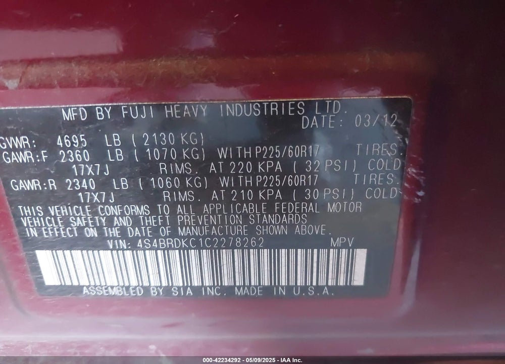 2012 SUBARU OUTBACK VIN: 4S4BRDKC1C2278262