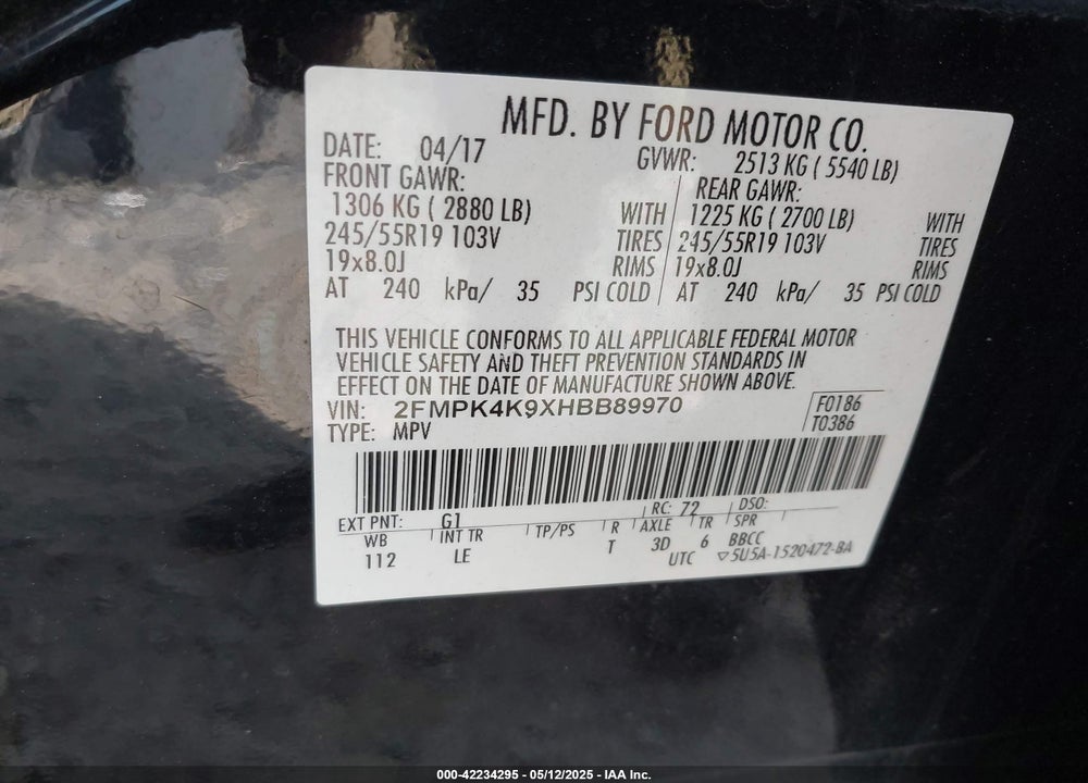 2017 FORD EDGE TITANIUM VIN: 2FMPK4K9XHBB89970