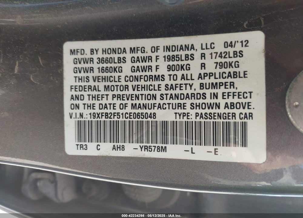 2012 HONDA CIVIC VIN: 19XFB2F51CE065048