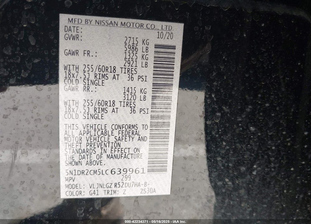 2020 NISSAN PATHFINDER VIN: 5N1DR2CM5LC639961