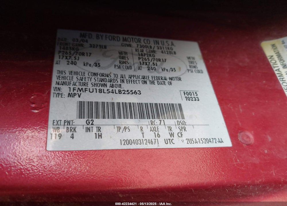 2004 FORD EXPEDITION EDDIE BAUER VIN: 1FMFU18L54LB25563