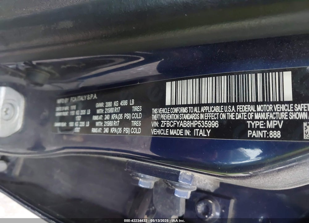 2017 FIAT 500X VIN: ZFBCFYAB8HP535996