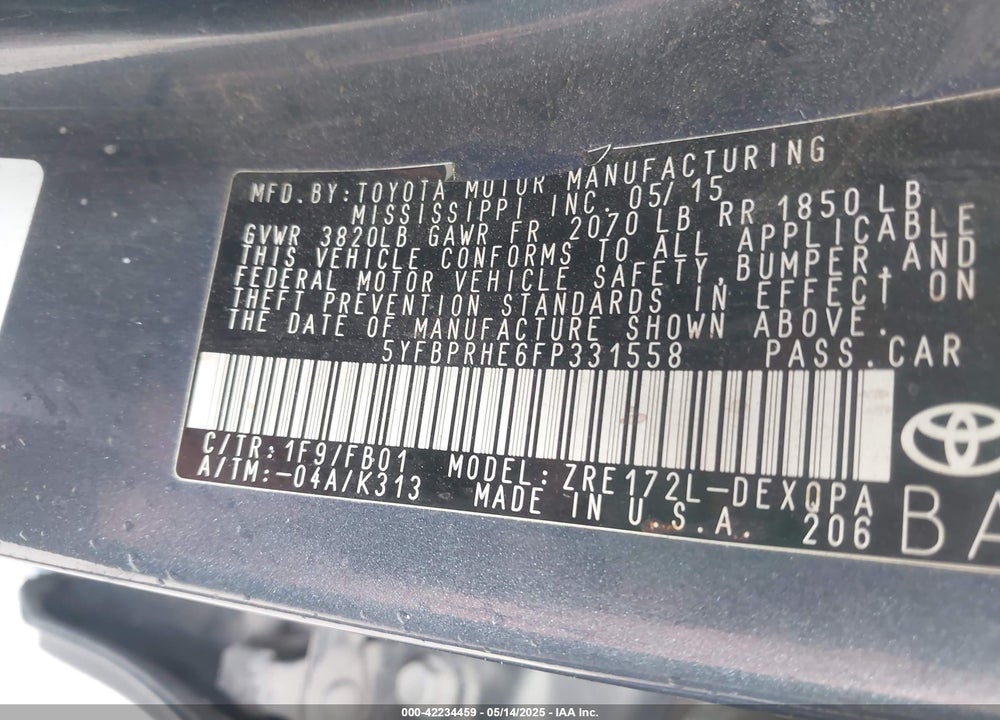 2015 TOYOTA COROLLA LE ECO VIN: 5YFBPRHE6FP331558