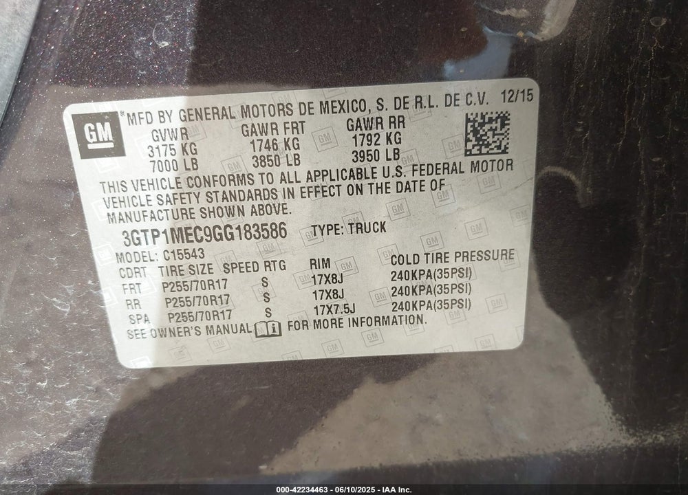 2016 GMC SIERRA 1500 VIN: 3GTP1MEC9GG183586