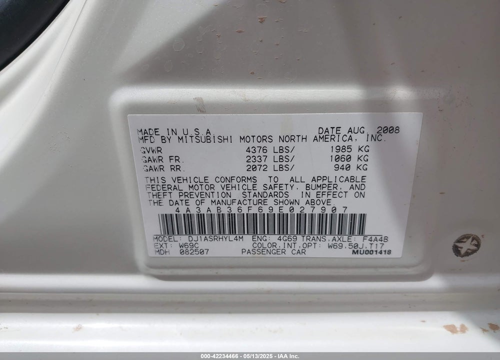 2009 MITSUBISHI GALANT VIN: 4A3AB36F69E027907