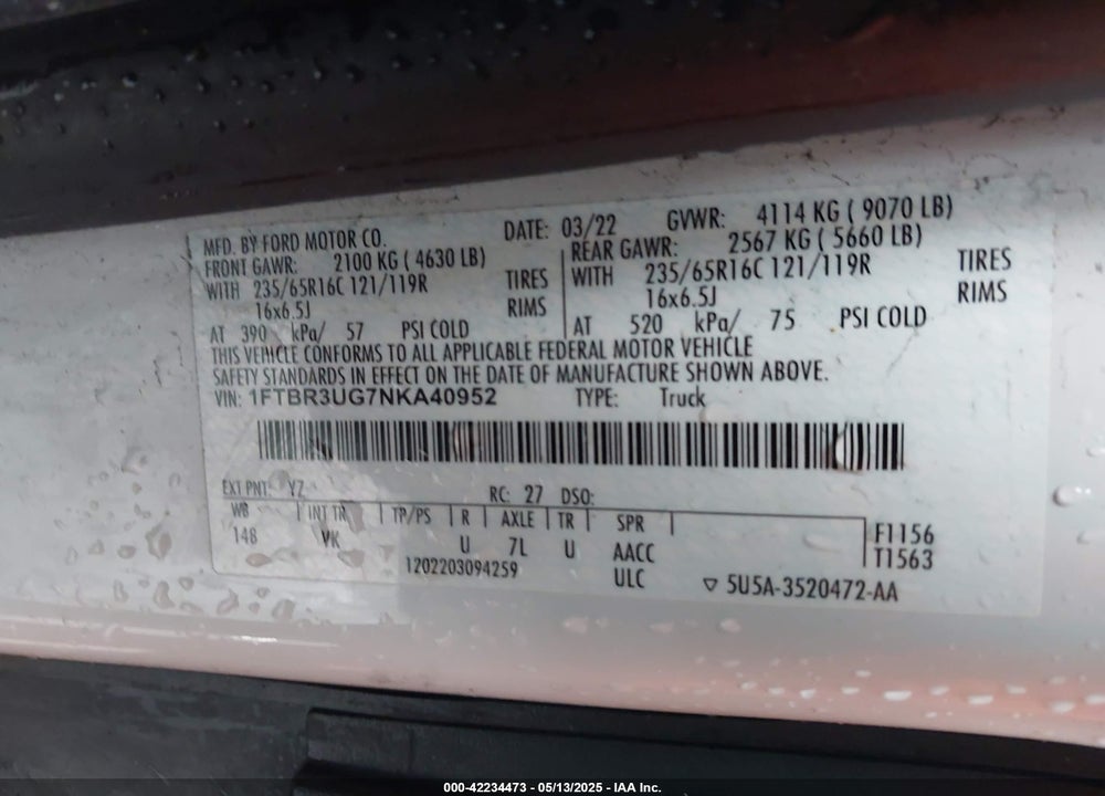 2022 FORD TRANSIT-250 CARGO VAN VIN: 1FTBR3UG7NKA40952