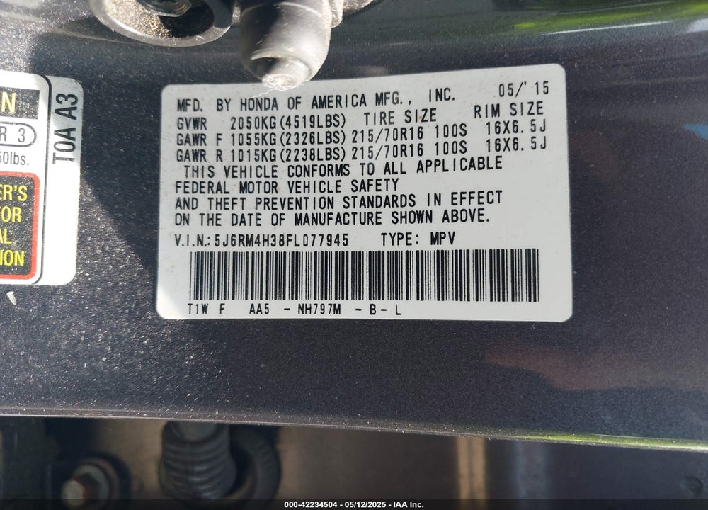 2015 HONDA CR-V LX VIN: 5J6RM4H38FL077945