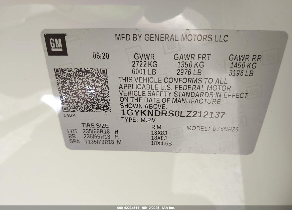 2020 CADILLAC XT5 VIN: 1GYKNDRS0LZ212137