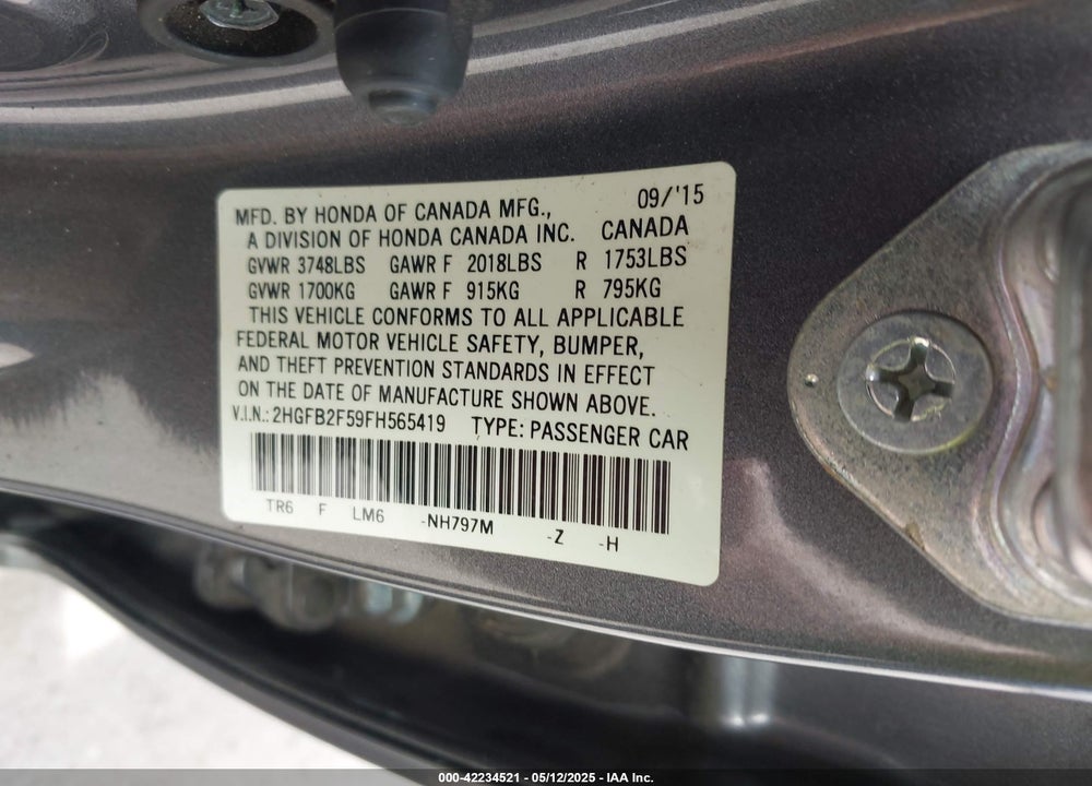2015 HONDA CIVIC LX VIN: 2HGFB2F59FH565419