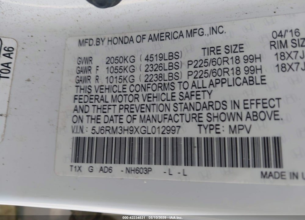 2016 HONDA CR-V VIN: 5J6RM3H9XGL012997