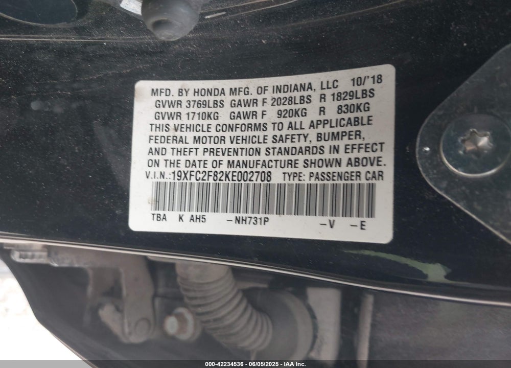 2019 HONDA CIVIC SPORT VIN: 19XFC2F82KE002708
