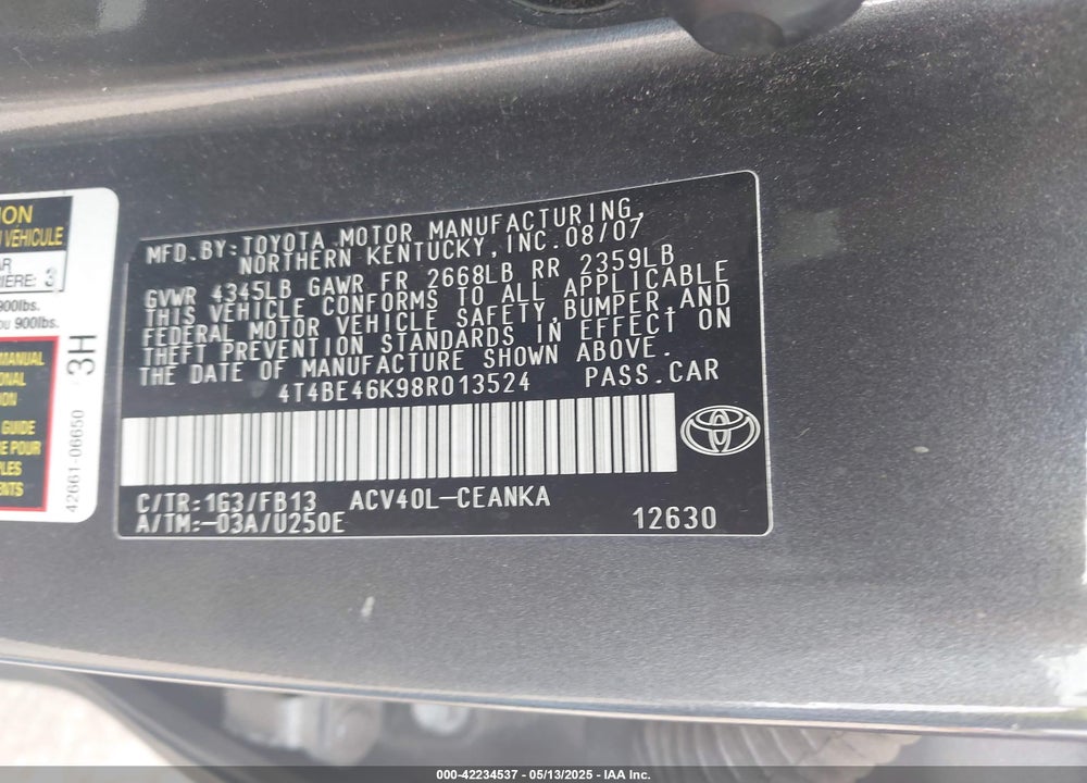 2008 TOYOTA CAMRY LE VIN: 4T4BE46K98R013524