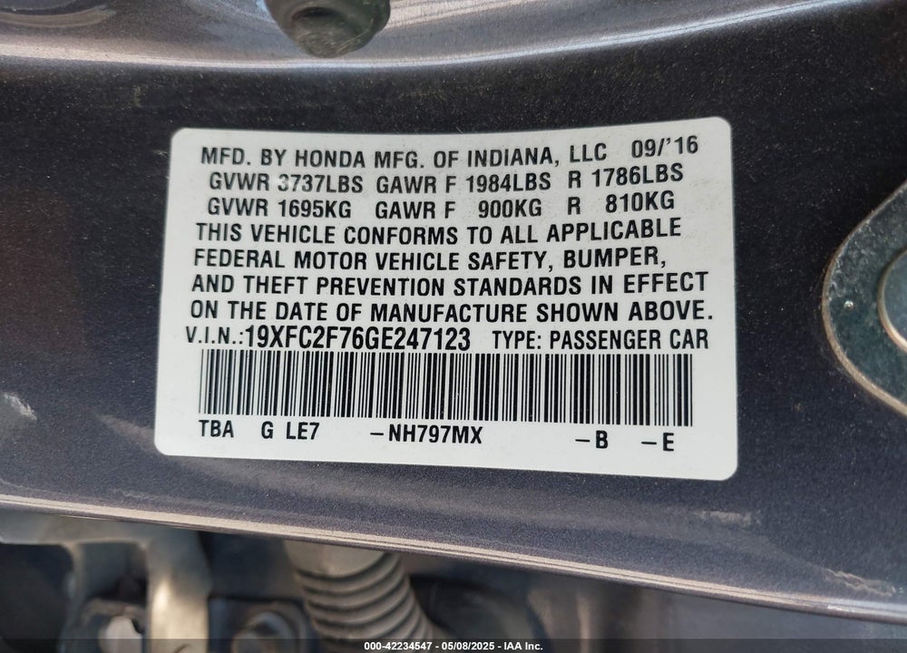 2016 HONDA CIVIC VIN: 19XFC2F76GE247123