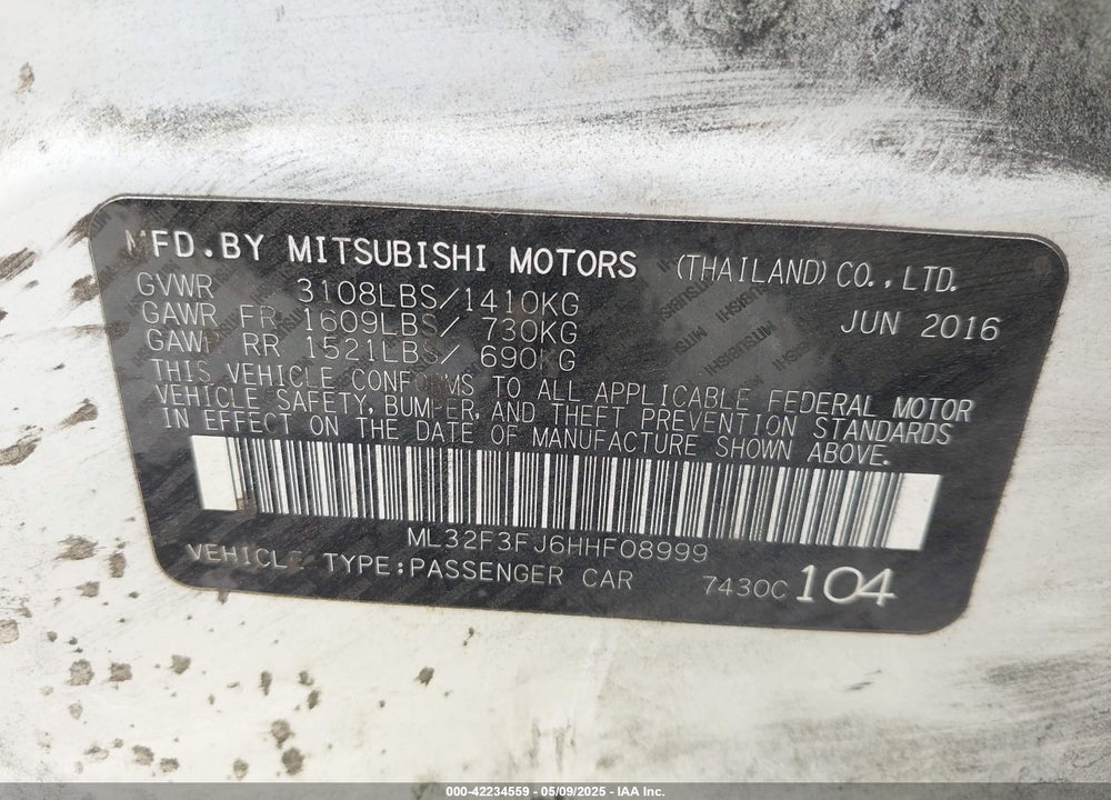 2017 MITSUBISHI MIRAGE G4 VIN: ML32F3FJ6HHF08999