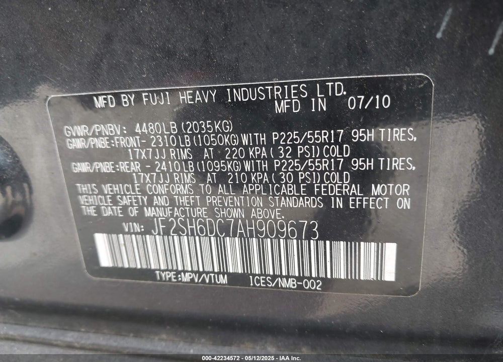 2010 SUBARU FORESTER VIN: JF2SH6DC7AH909673
