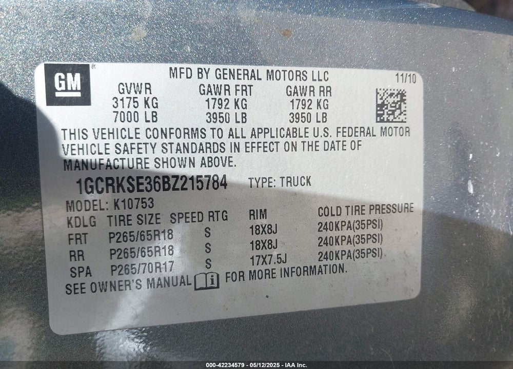 2011 CHEVROLET SILVERADO 1500 VIN: 1GCRKSE36BZ215784