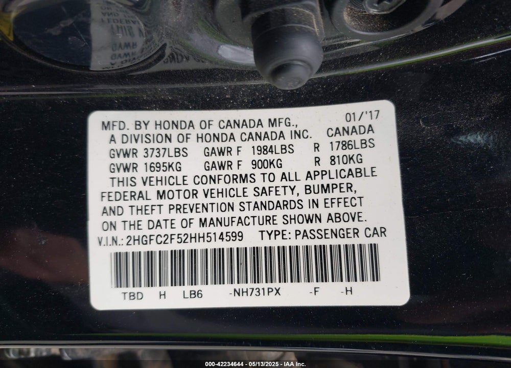 2017 HONDA CIVIC LX VIN: 2HGFC2F52HH514599