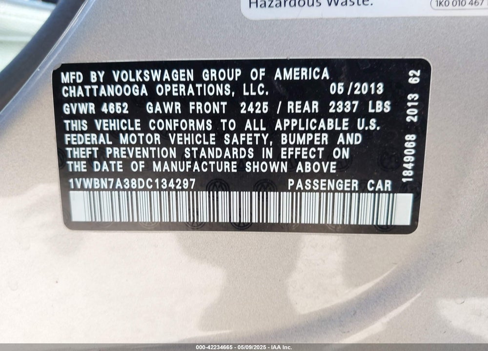 2013 VOLKSWAGEN PASSAT VIN: 1VWBN7A38DC134297