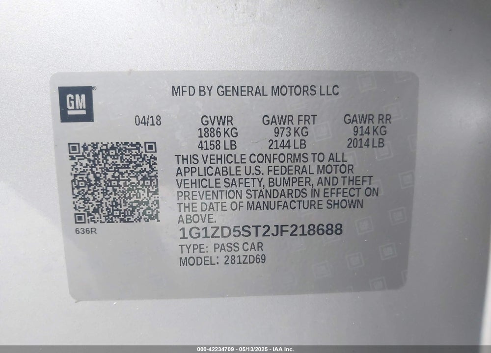 2018 CHEVROLET MALIBU LT VIN: 1G1ZD5ST2JF218688