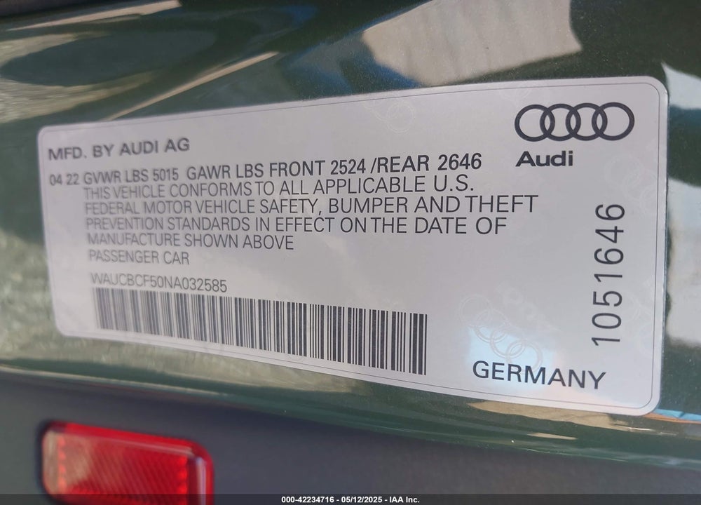 2022 AUDI A5 SPORTBACK VIN: WAUCBCF50NA032585