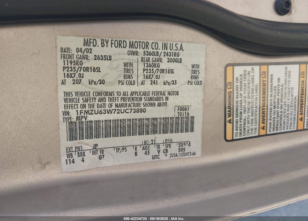 2002 FORD EXPLORER VIN: 1FMZU63W72UC73880